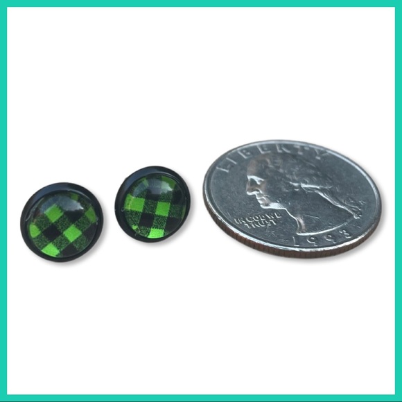 Tiny Neon Green and Black Buffalo Plaid Stud Earrings - small (8mm) - Picture 3 of 7
